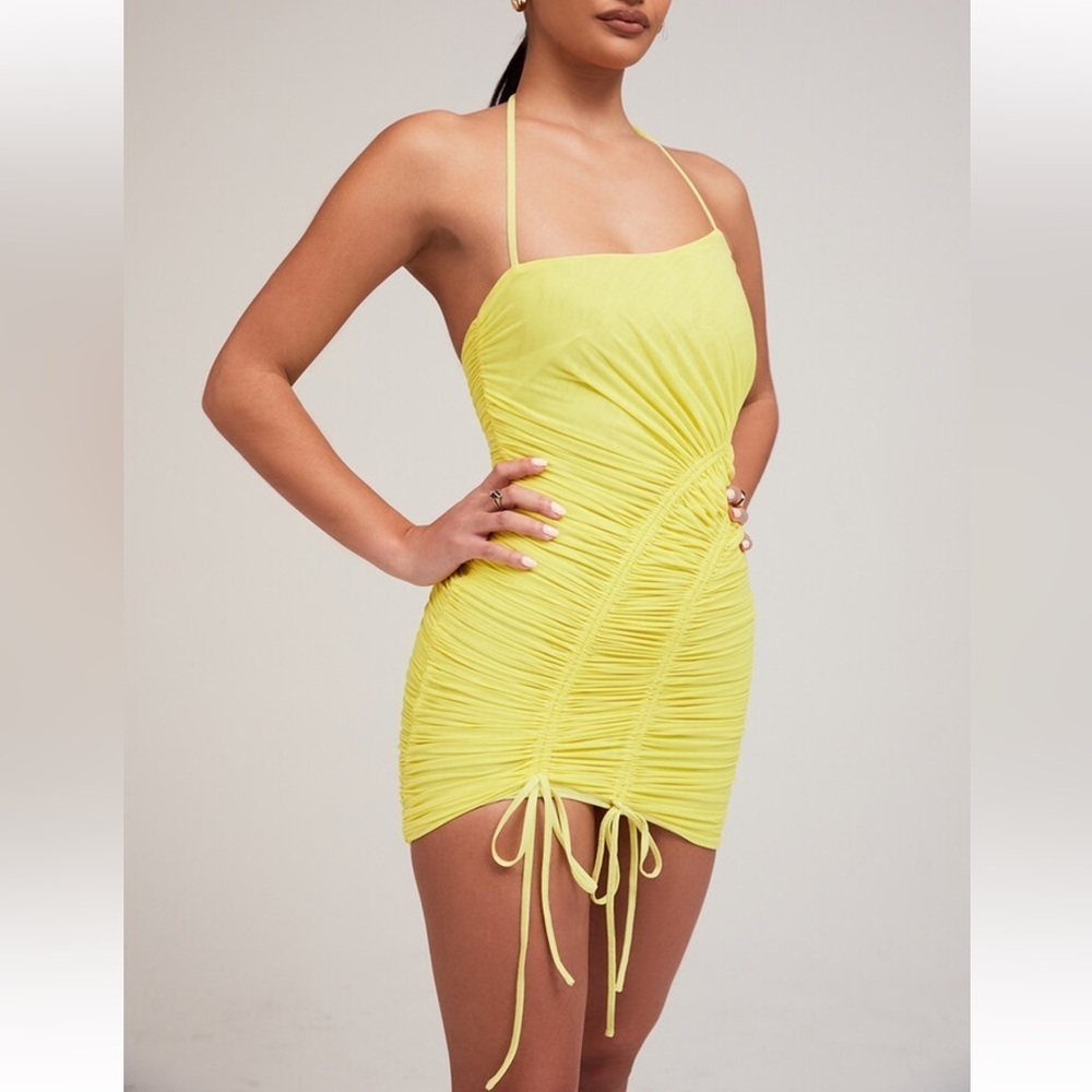 MISTRESS ROCKS SEXY Yellow Ruched Halter Mini Dress Size XSmall G#44